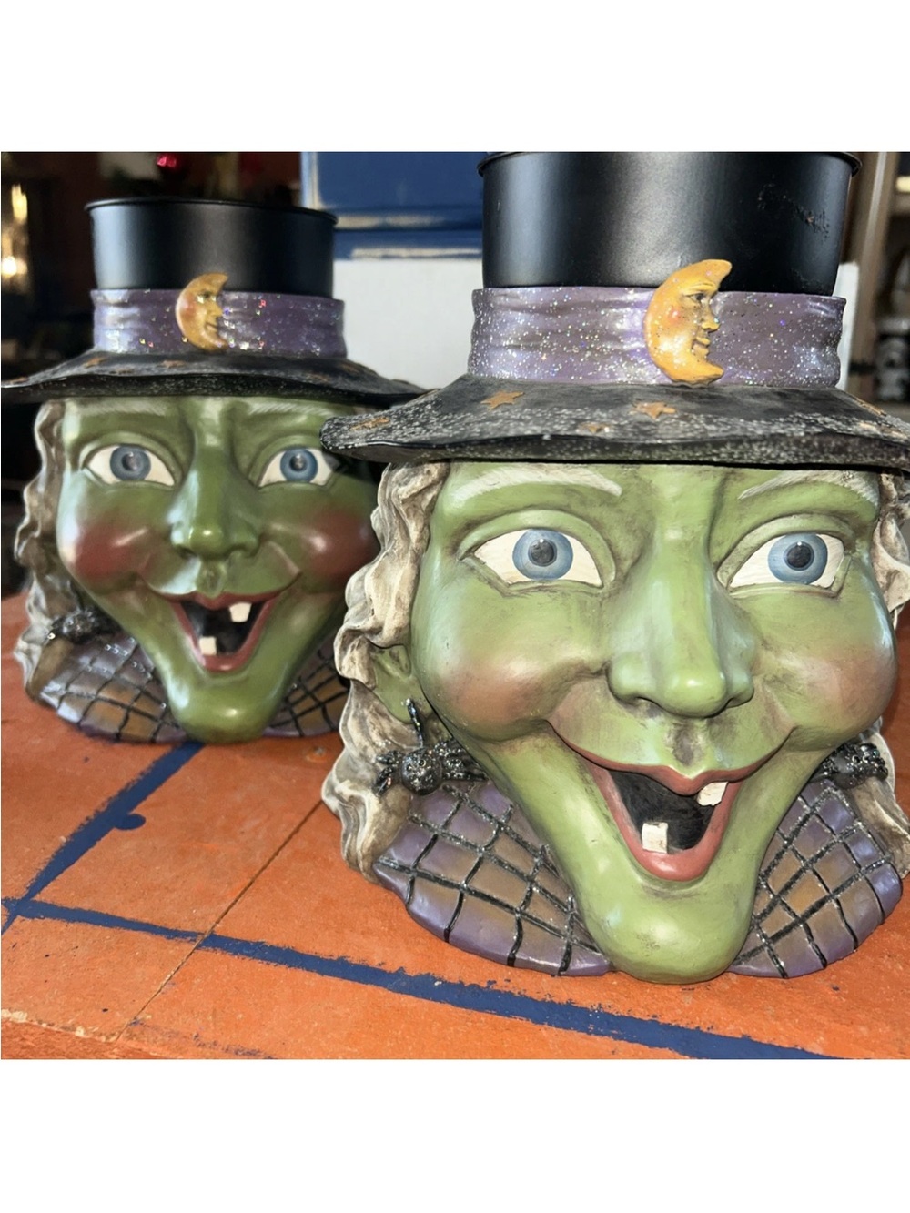 Green Witch Head Candle Holders with Purple Accents